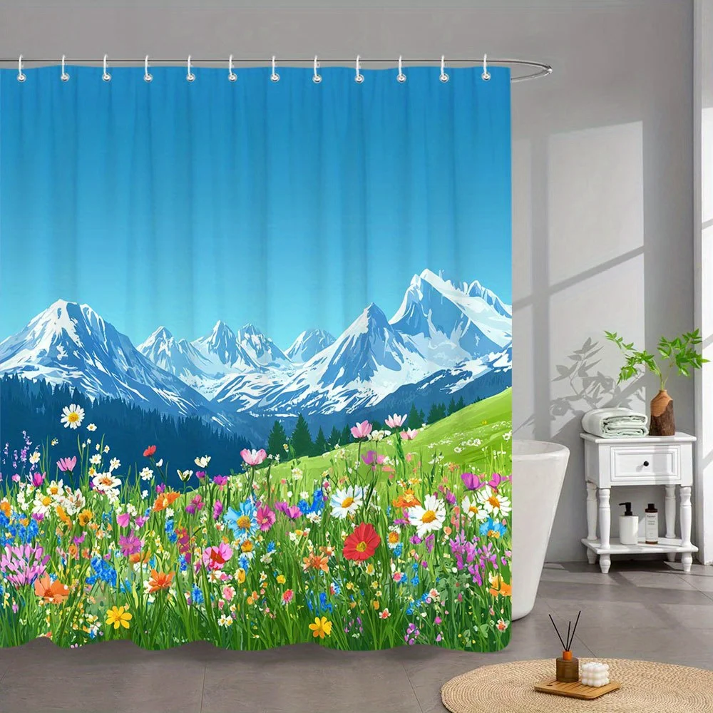 1pc Vibrant Alpine Meadow & Snow-Capped Mountains Shower Curtain - Tranquil Mountain View Design with Wildflowers, Azure Sky