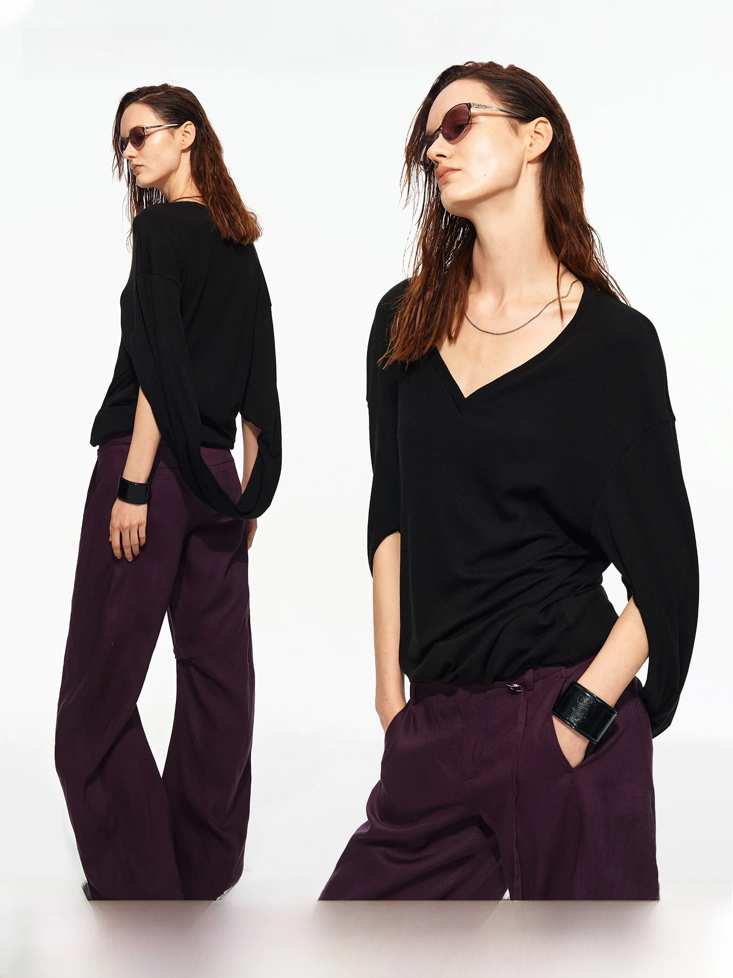 PRRP Elegant V-neck One-Shoulder Short-Sleeve T-shirt Rylee Material Smooth Versatile Sleeveless Top for Ladies