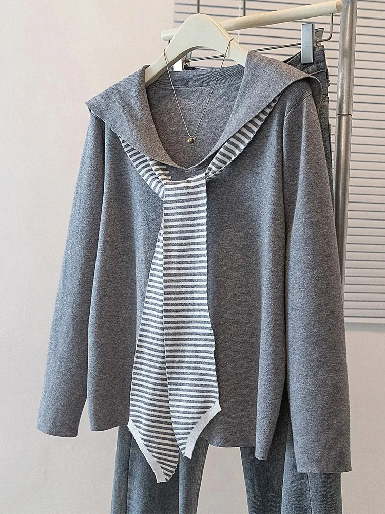 

Elegant Striped Patchwork Sweater Women Daily Commuter Casual Loose Jumpers Female Autumn Winter Knitted Thickened Warm Tops