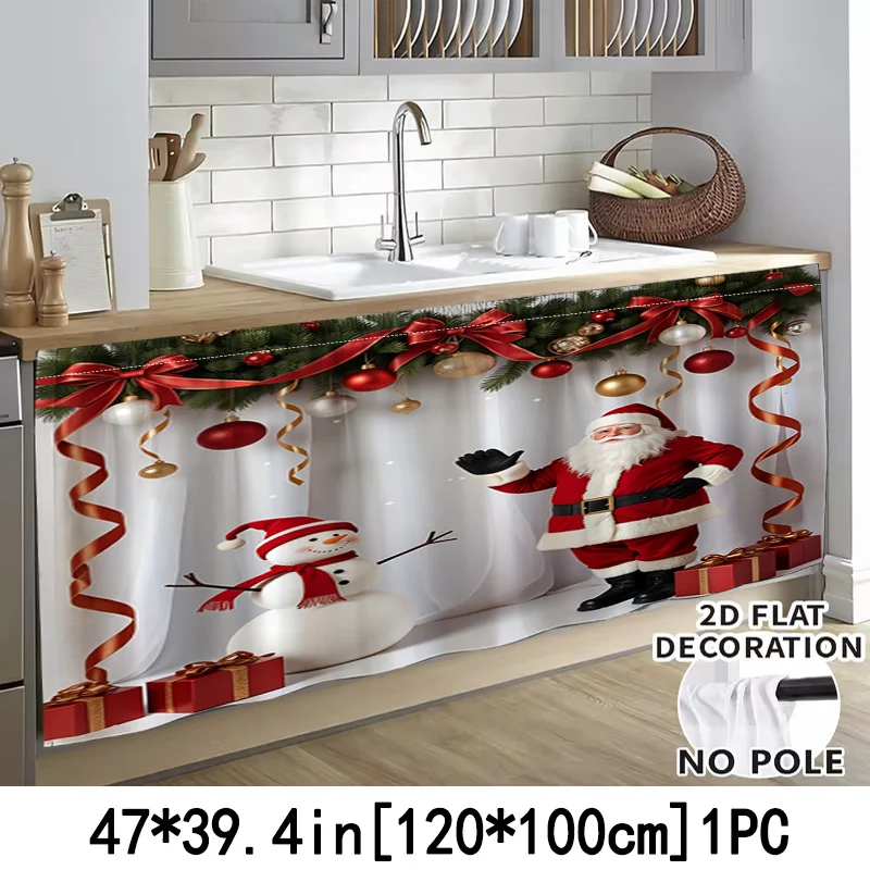 VIKAMA Santa Snowman Streamers Kitchen Cabinet Curtain Rod Pocket Window Valance Sink Skirt Tier Panel Christmas Decor