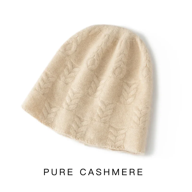 2023 Autumn Winter New Women Hats 100% Pure Cashmere Knitted Headgears Soft Warm Fashion Thick Cap 3 Colors High Quanlity