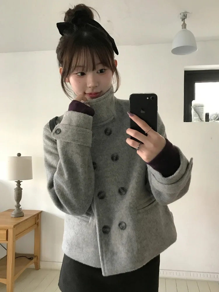 معطف نسائي من تويد جايت بلون نقي من College Sle معطف شتوي مزدوج الصدر مقاس صغير ملابس تريكو غير رسمية #5