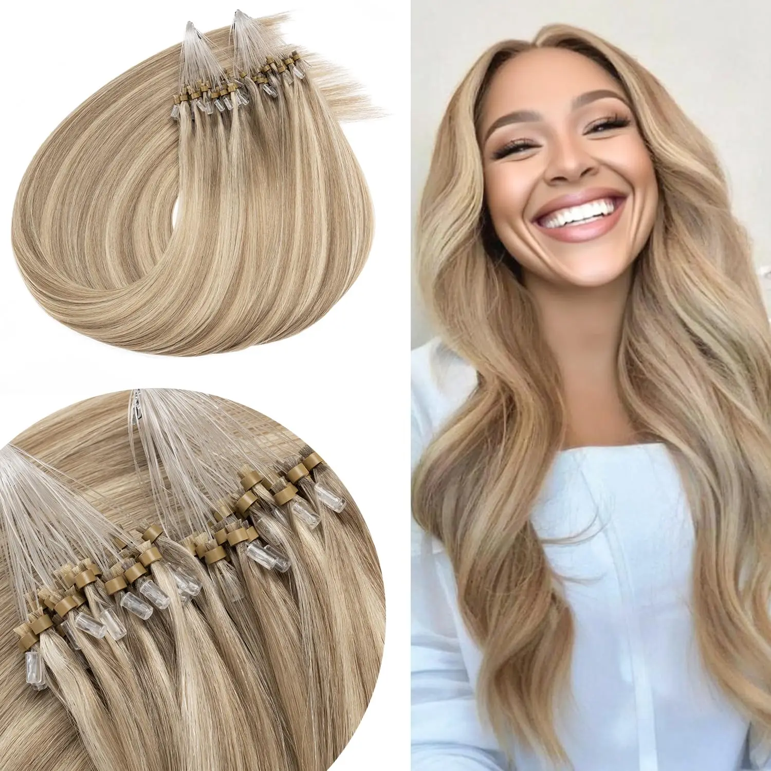 100% Human Hair Micro Loop Ring Extensions Straight Hair Weft With Small Silicone Rings For Easy DIY Application