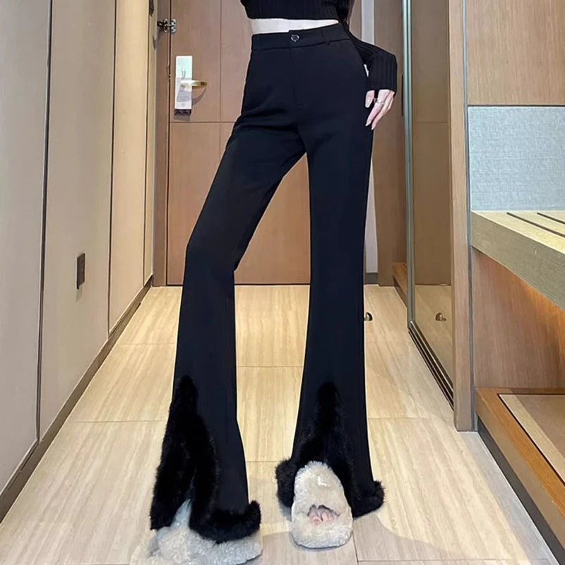 Rabbit hair flared pants for women's 2024 new autumn and winter plush black high waisted split micro flared suit pants