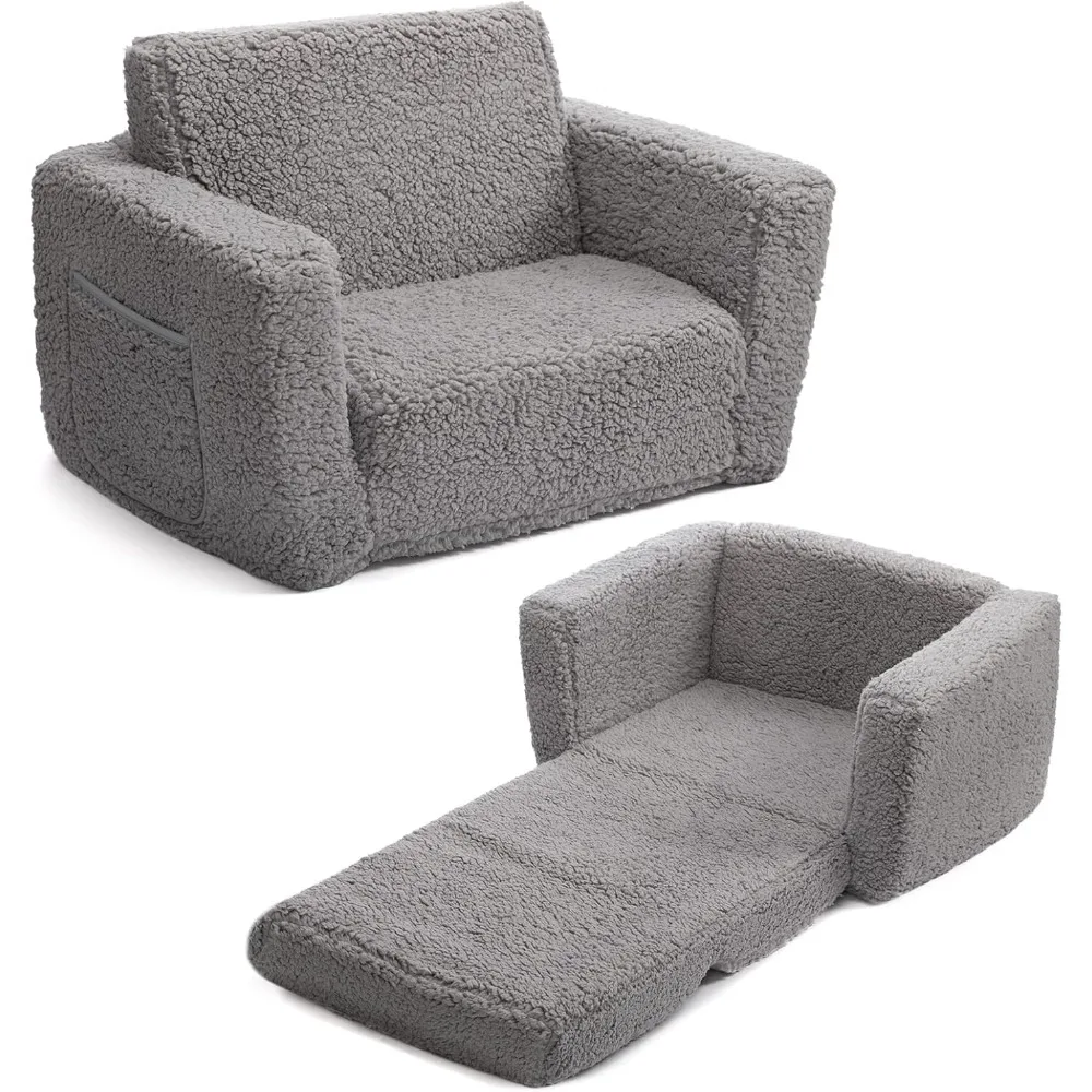 

2-in-1 Flip Out Cuddly Sherpa Toddler Couch, Convertible Sofa to Lounger, Grey