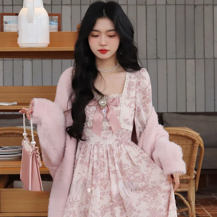 Elegant Fashion Long Sleeve Pink Dress for Women 2024 Sumemr New Square Collar Bow Dresses Y2k E-Girl High Waist Vestidos Mujer