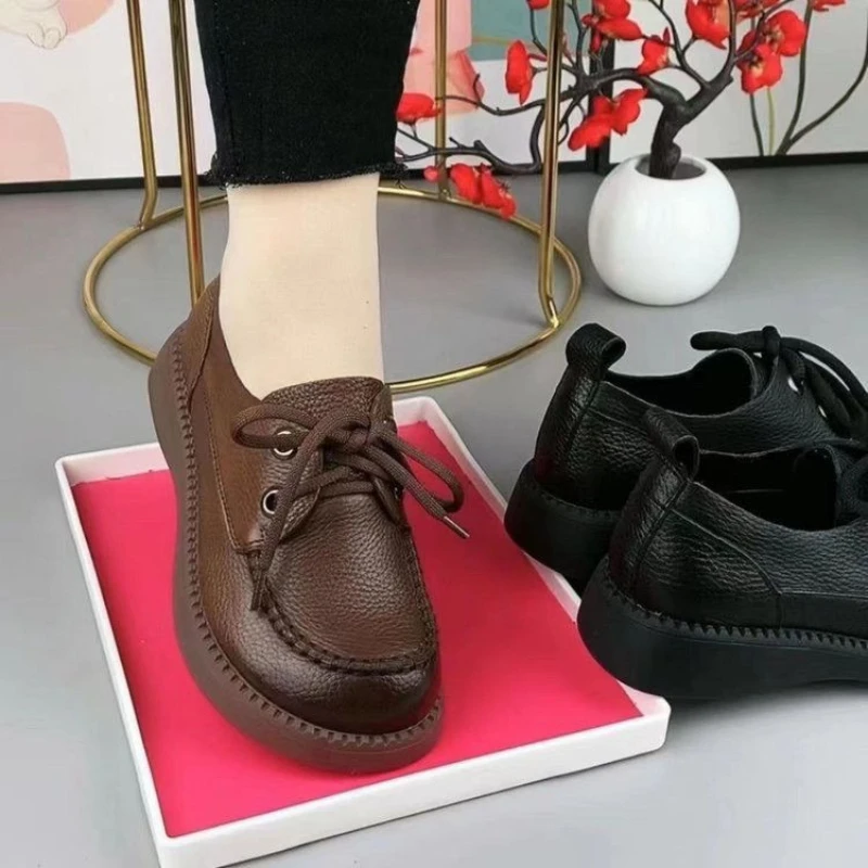 Spring and Autumn New Muffin Soles Deep Mouthed Mid Heel Low Top Shoes with Cross Tie Round Rubber Thick Soles Women