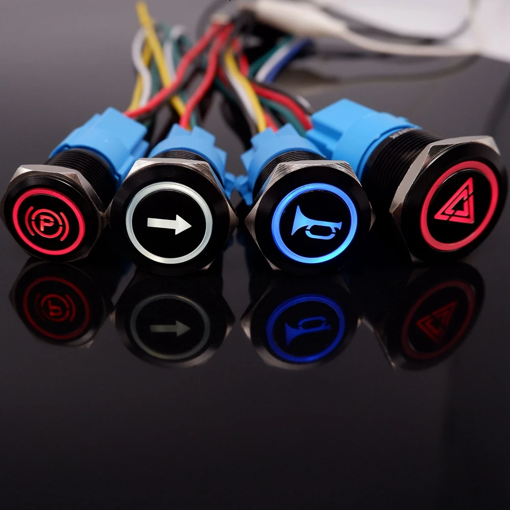 19mm Customizable Button Black Self-Reset/Latching Push Button Switch With Led Light Car Function Identification Glow Symbol 12V