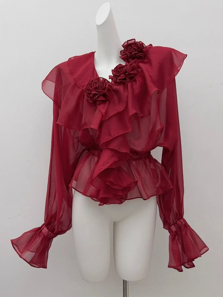 2026 Summer Socialite Style V-neck Flared Sleeve Chiffon Shirt Women's Loose Solid Color Patchwork Elegant Top with Temperament