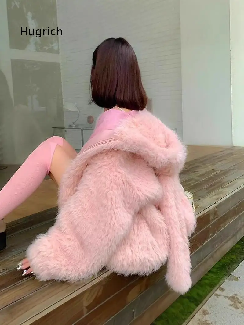 Women Hooded Faux Lamb Fleece Coat With Bunny Ear Design Sweet Style Loose Thickened Outerwear Soft Plush Texture For Autumn Wi