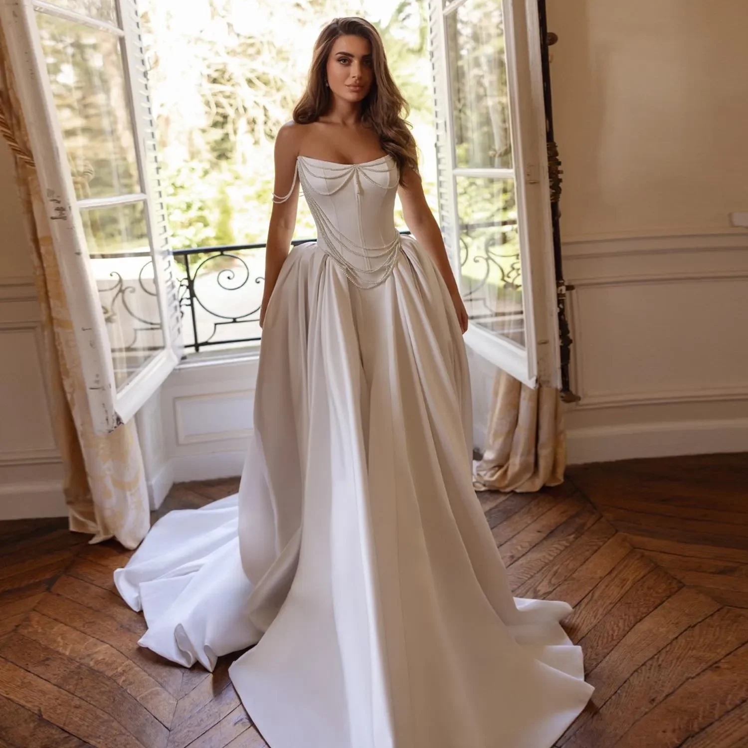 

Свадебные платья с индивидуальным дизайном, роскошные, с жемчужными бахромами, с открытыми плечами, из плиссированного атласа, с завязками на спине, свадебные платья для невесты, vestido de novia boda.