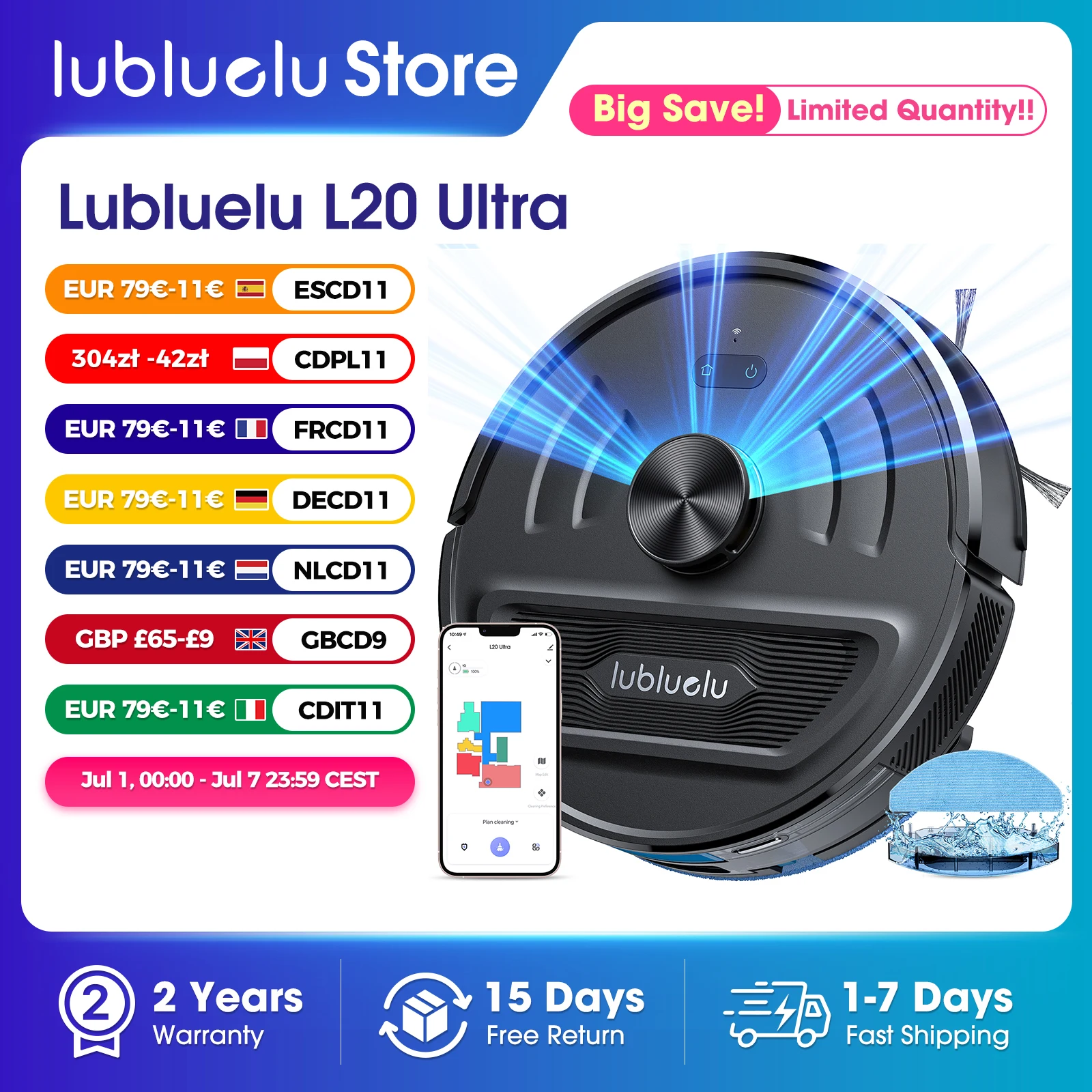 Lubluelu L20 Ultra Robot aspirador, succión de 6000 Pa para pelo de mascotas/alfombras, navegación LiDAR, autocargable, 120 Min, 34 zonas No-Go