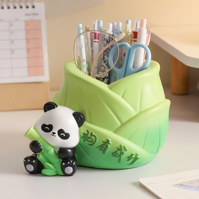 Cute Panda Bamboo Shoot Pen Holder, Kawaii Desktop Stationery Storage Bucket Creative Tabletop Decor Ornament