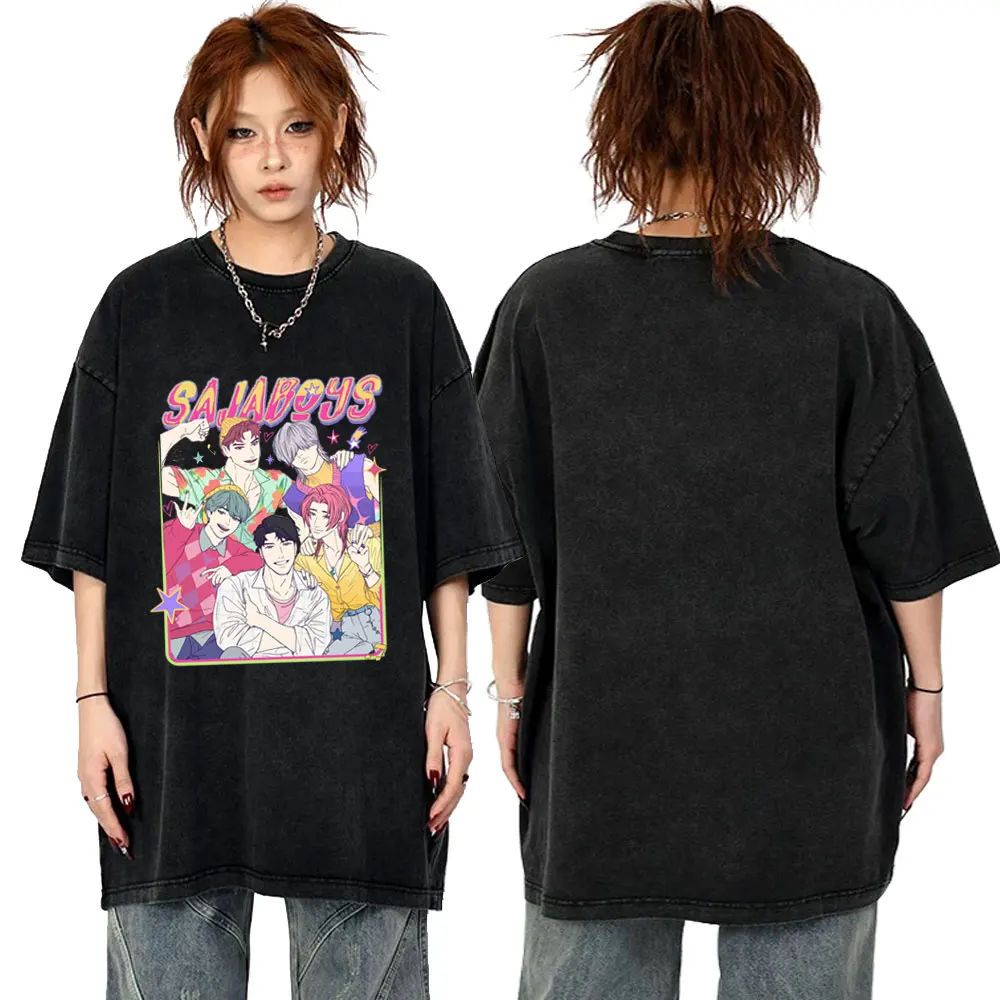 

Movie Kpop Demon Hunters Saja Boys Washed Vintage T-shirt Men Women Cartoon Fashion Trend Streetwear Men's Casual Cotton Tshirt