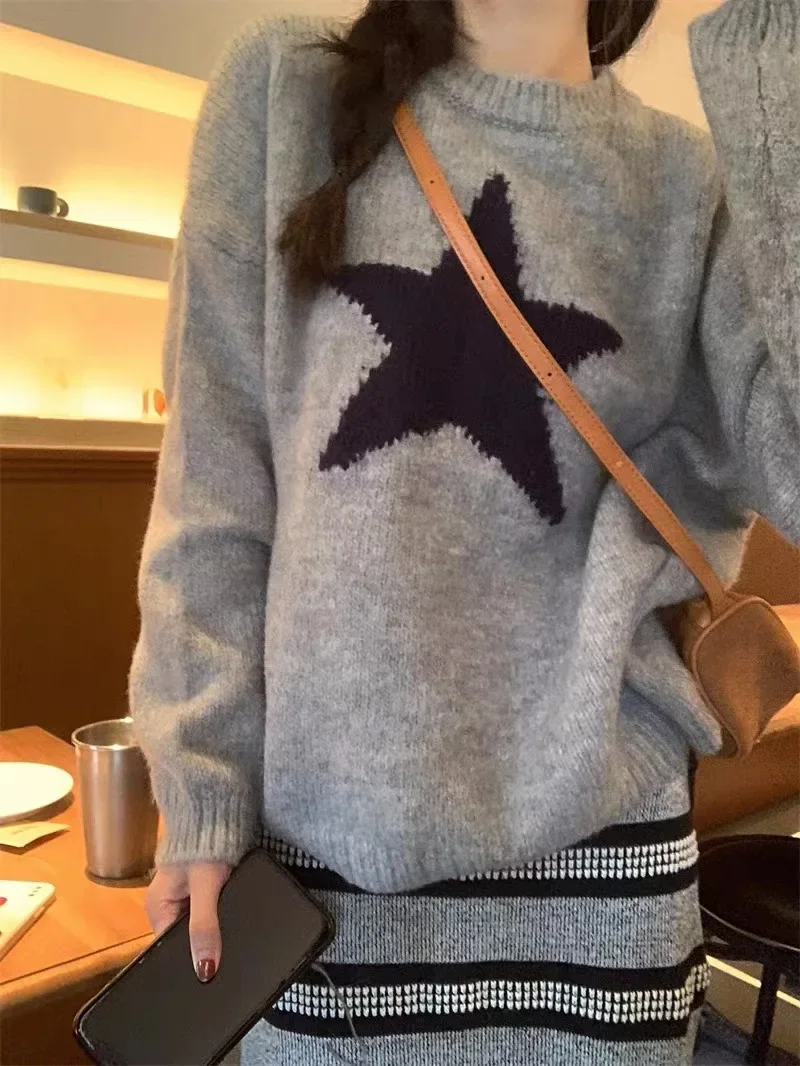 Y2K Aesthetic Star Sweater Gray Knitted Jumper Women Harajuku Vintage Korean Retro Loose Warm Pullover Tops High Street