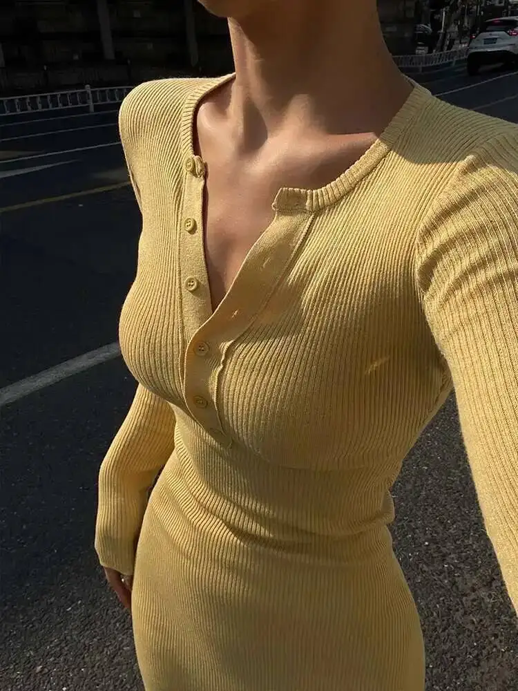 Vestido de malha amarelo com decote em v, manga comprida, elegante para mulheres, suéter amarelo fino, vestido longo, quente, sexy, moda feminina, vestidos qh4m