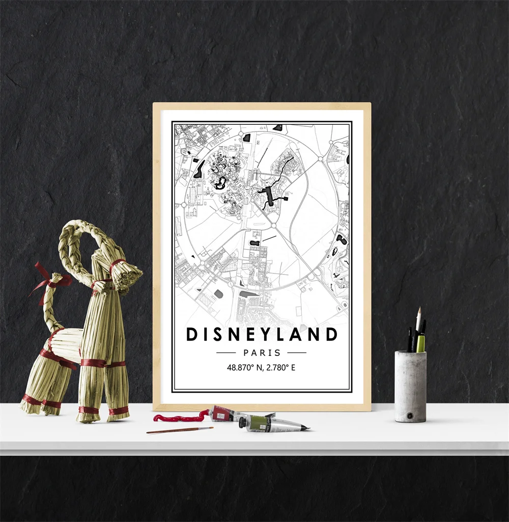 Disneyland Paris Poster Black and White Print Minimal Scandinavian Nordic Art Canvas Painting Home Kitchen Reading Room Decor