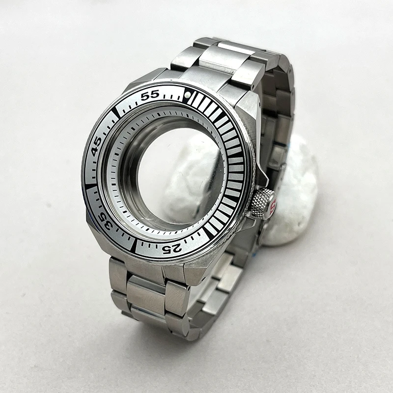 

45mm Silver Seiko Samurai King Series Watch Cases Bezel Insert With The Strap Fits NH35 NH36 7S26 Movement Watch Replace Parts