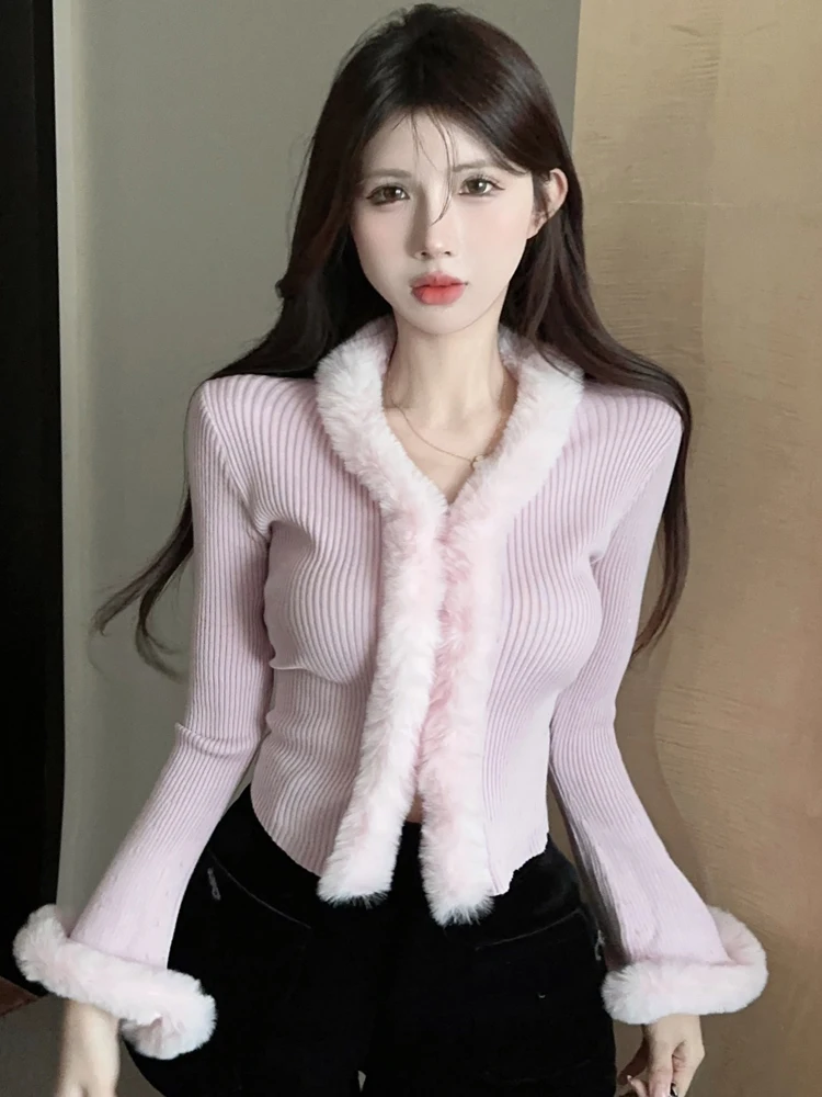 

New Spring Women Furry Splicing Casual Sexy Slim Fit V-Neck Long Sleeve Knitwear Tops Female Elegant Sweater Cardigan