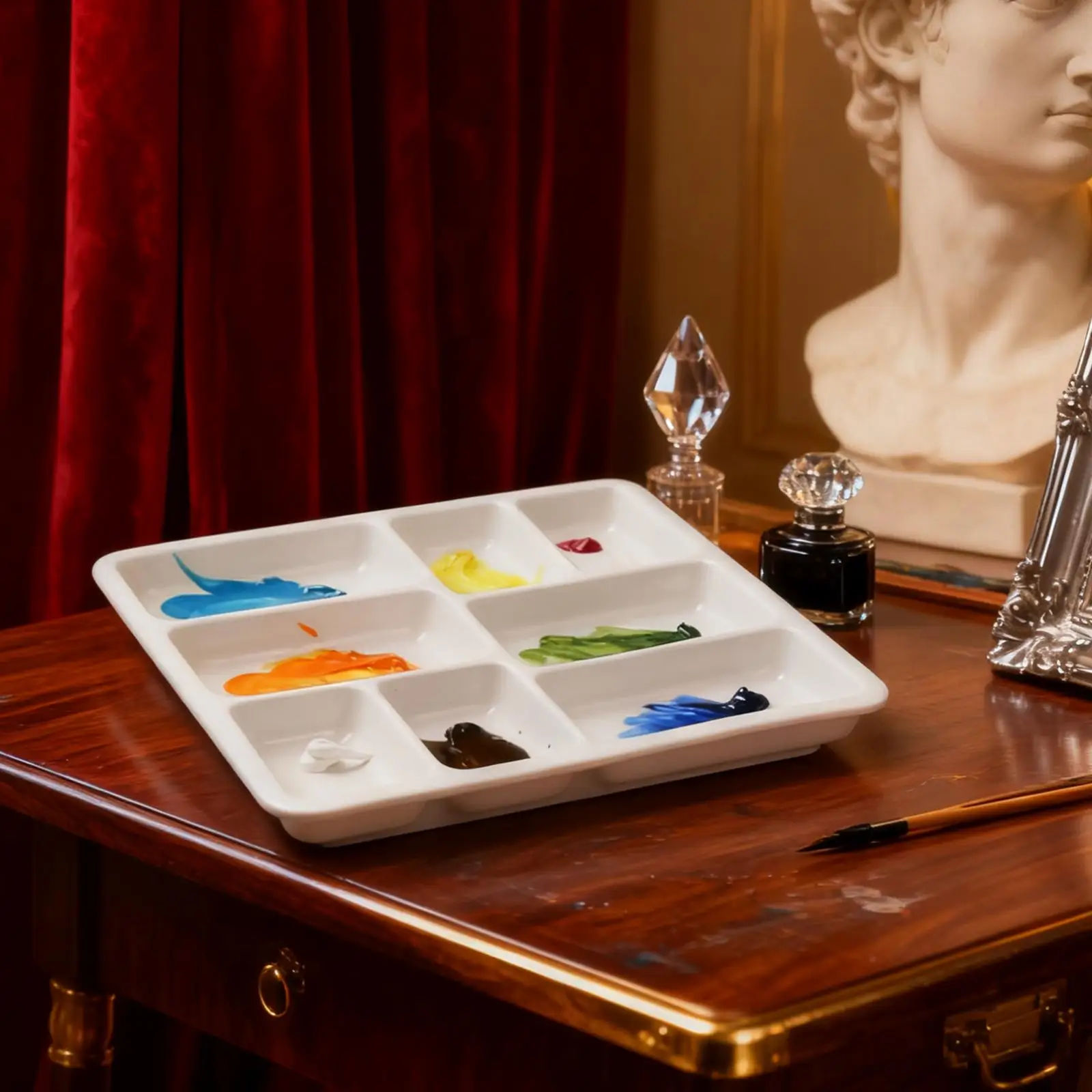 Durable Ceramic Paint Mixing Tray 25x25cm White Square Palette with Deep Wells for Gouache Oil Watercolor Artists