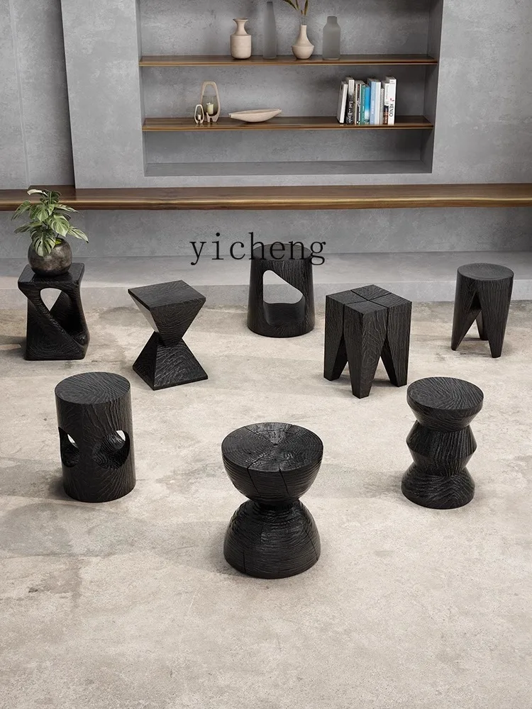 Zf Solid Wood Carbonized Black Wooden Pier Leisure a Block of Wood Or Stone Home Living Room and Tea Table Decoration Designer