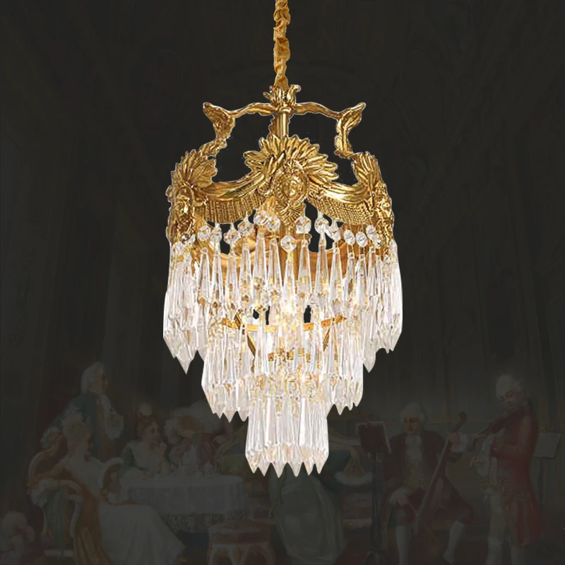 Lustre de restaurant en laiton de luxe, lumière pendante en cristal, Rocheads européen, français classique, rétro, chambre à coucher, foyer