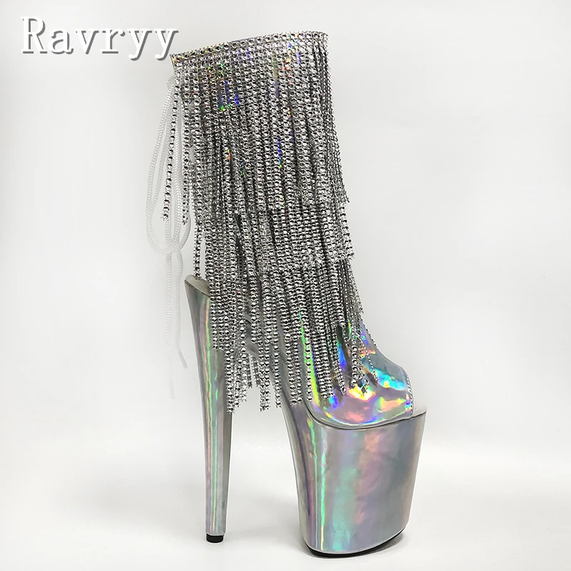 Sparkly Rhinestones Tassel Platform Dance Boots Women Sexy Peep Toe 20CM Super High Heel Night Club Stage Performance Pumps