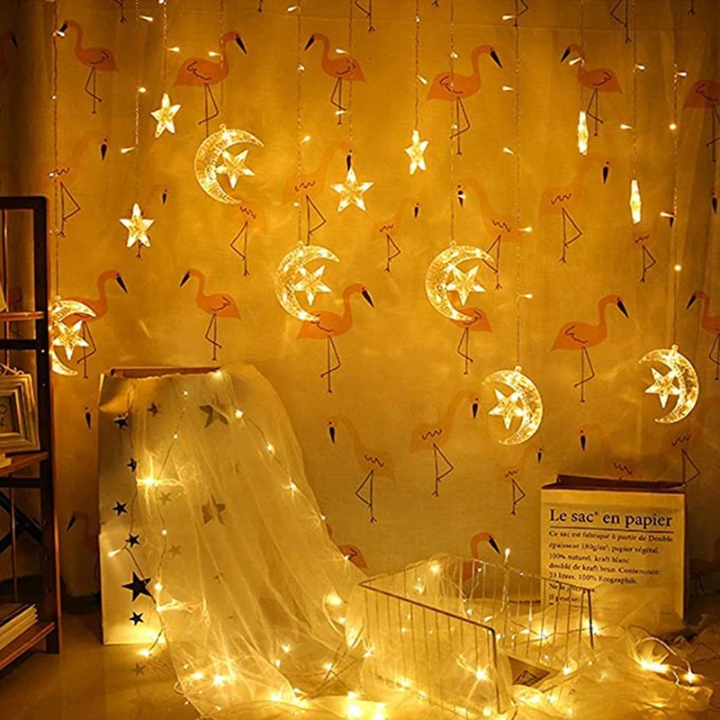 سلسلة ضوء نجمة وقمر لتزيين المنزل ، مقاومة للماء في الهواء الطلق ، غرفة نوم ، حفلة ، حفل زفاف ، جو ، ضوء ستارة ، قابس يو دبليو ، m ، 12