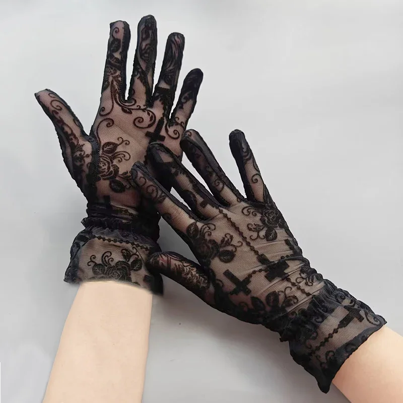 

Gothic Cross Flowers Elasticity Mesh Black Lace Sexy Women Gloves Short Ruffle Wrist Thin Transparent Halloween Party Cosplay