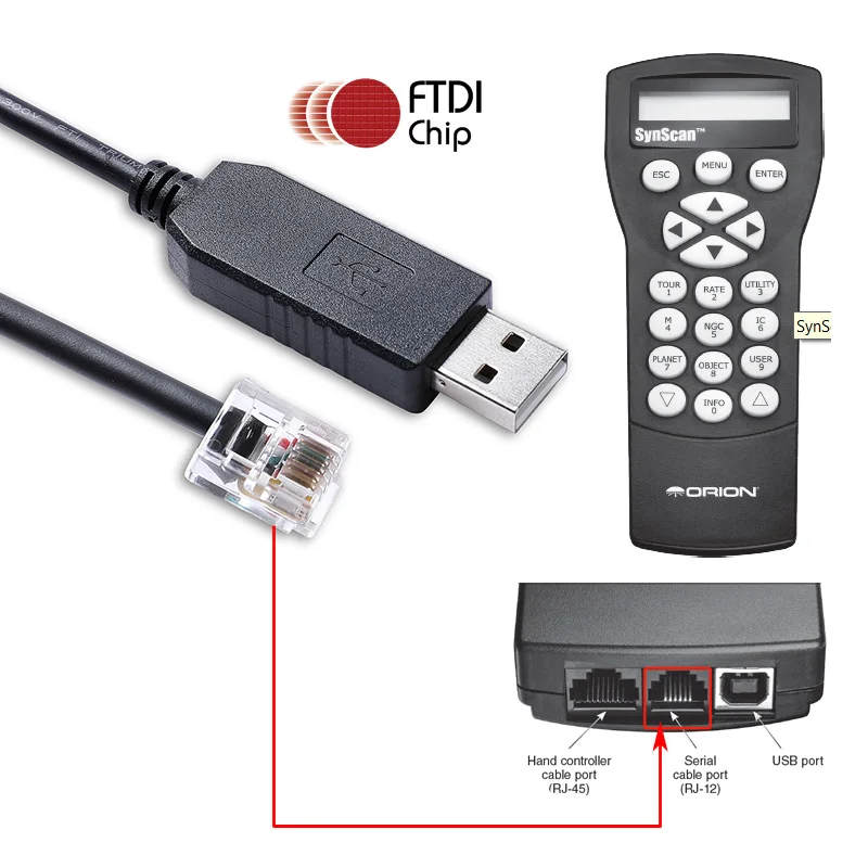 Orion Synscan GoTo Hand Controller PC Link Upgrade Cable FTDI USB RS232 Serial to RJ12 6P6C Firmware Upgrade Cable