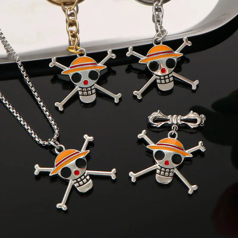 Cartoon Anime One Piece Luffy Skeleton Keychain Metal Necklace Fashion Men Women Brooch Pendant Jewelry Charms Accessories Gift