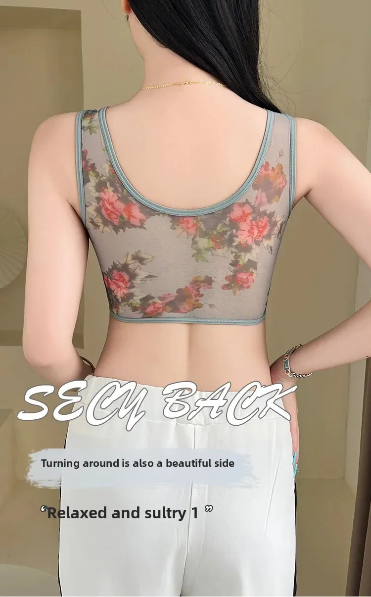 Sujetador de talla grande con copas fijas, inalámbrico, transpirable, fino, estilo chaleco de una pieza para personas de mediana edad y mayores.
