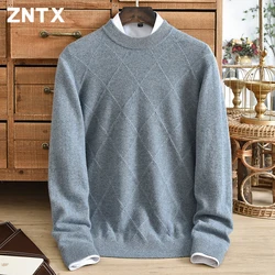 ZNTX New semi high neck pure cashmere sweater for men's winter warmth, diamond shaped new jacquard striped knitted casual