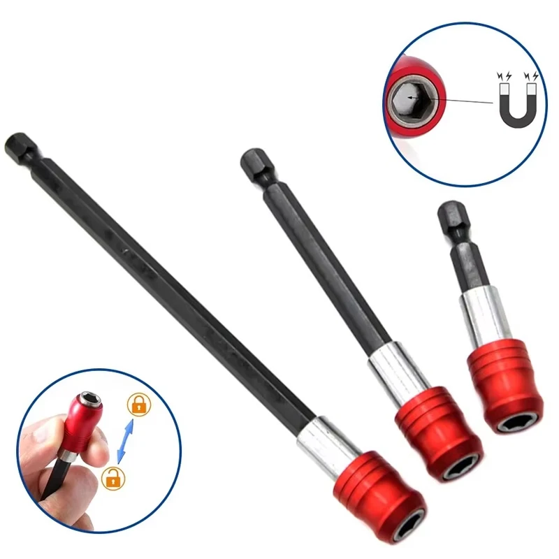 

Набор инструментов для поддержки красных магнитных бит, 3 шт., быстросъемный, универсальный шестигранный хвостовик 1/4 дюйма, держатели сверл 2–4–6 дюймов (60–100–150 мм)