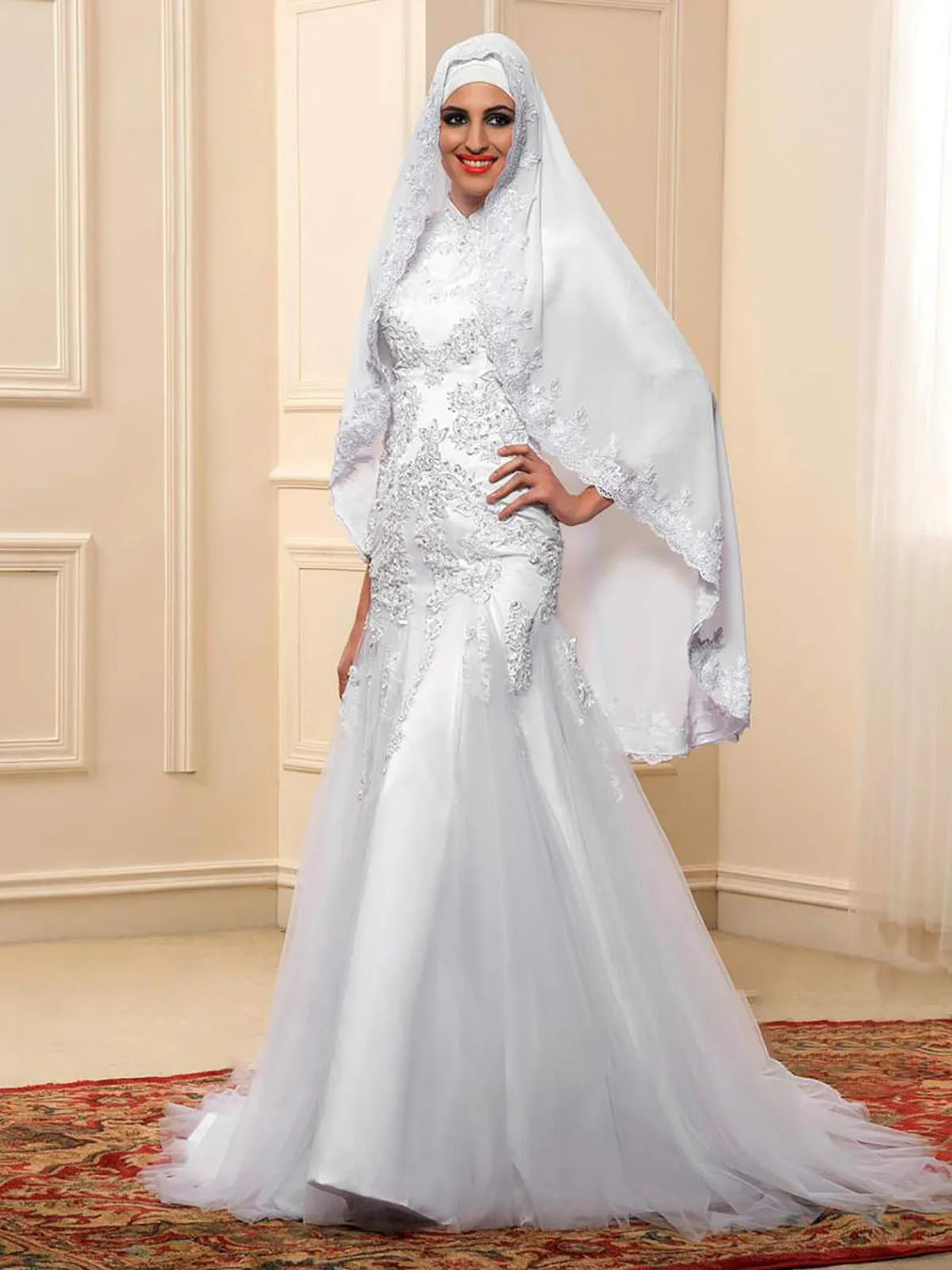 Muslim Exquisite Mermaid Wedding Dress Three Quarter Sleeves Bridal Gowns Custom Made Embroidery Sweep Train Vestido de novia