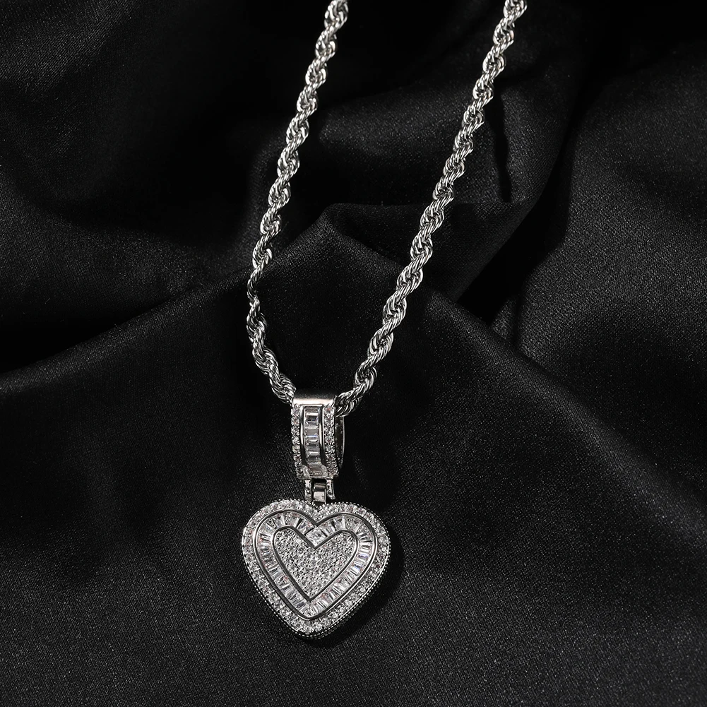 THE BLING KING Baguette CZ Small Heart Shaped Pendant Necklace For Women Iced Out 5A+ Cubic Zironia Lovely Jewelry Birthday Gift