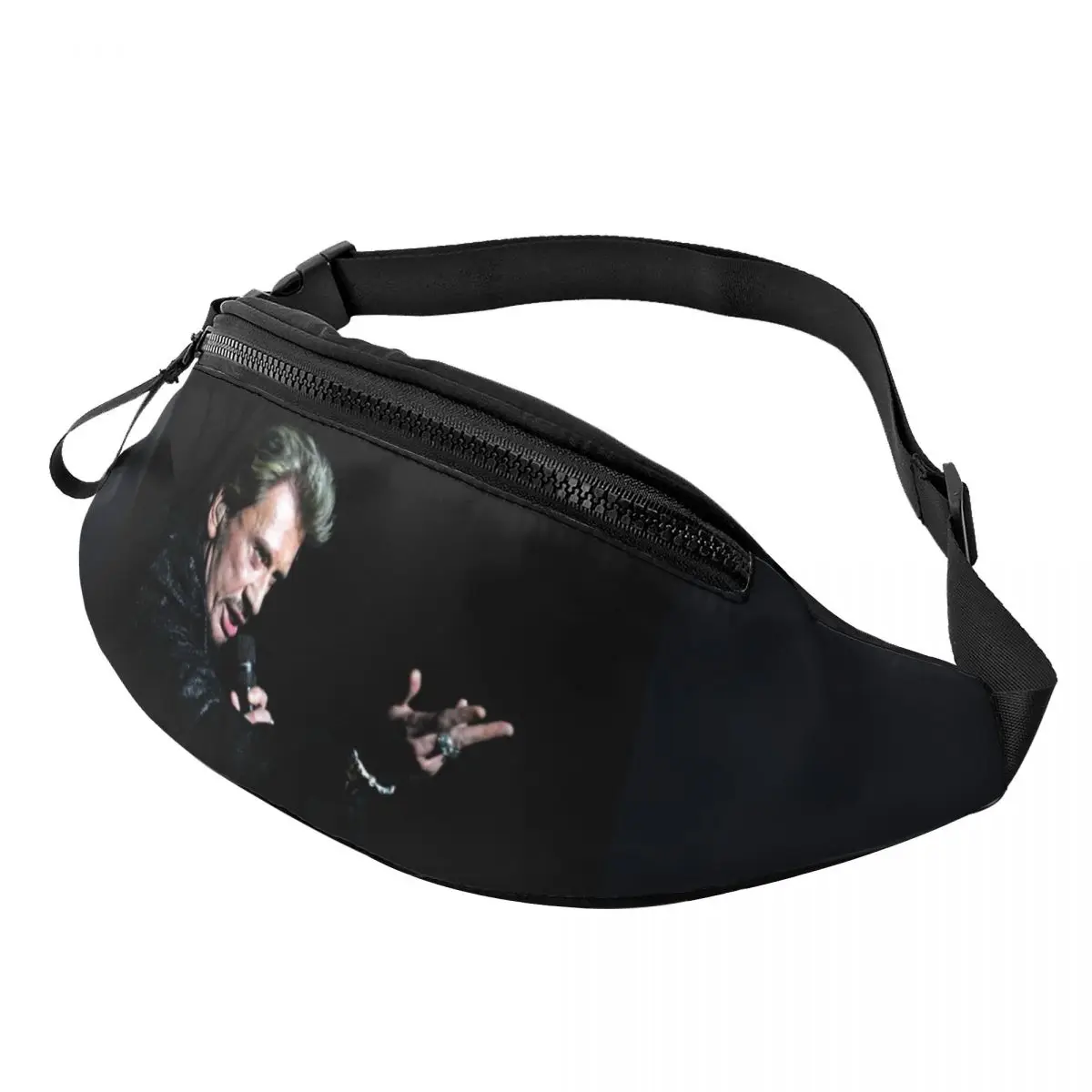 Aangepaste Franse zanger Johnny Hallyday heuptasje dames heren rockmuziekliefhebber Crossbody heuptas voor wandelen telefoon geldzakje