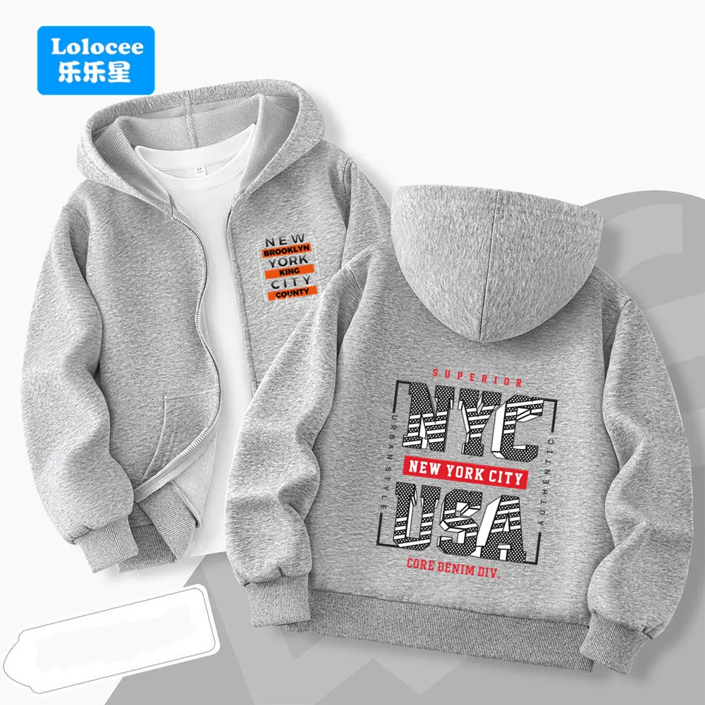NEW YORK USA Letter Boys' Hooded Jacket Spring Autumn Trend Street Fashion Outdoor Hiking Zipper Loose Casual Coat ZMNY2