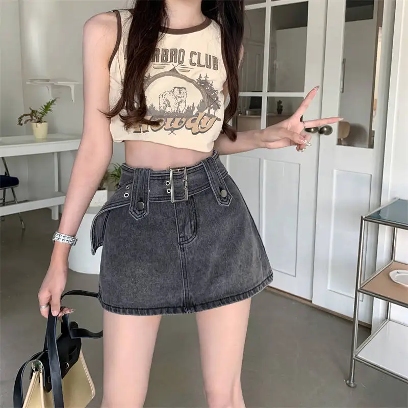 HOUZHOU Mini Denim Skirt Women Vintage Sexy High Waist Belt A-line Slim Jeans Skirt Casual Y2K Skort Summer Korean Streetwear