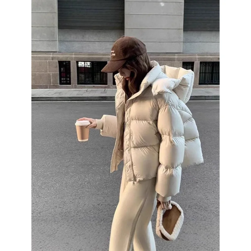 Fashion Solid Color Long-sleeved Fur Collar Hooded Bread Jacket Down Cotton Jacket Women Winter Thick New Versatile Coat