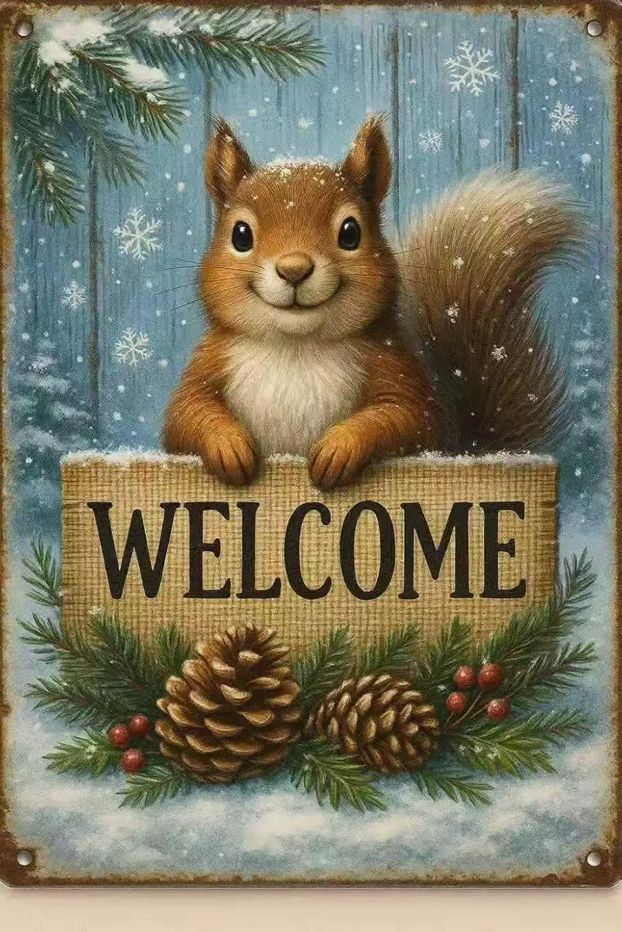 Welcome Vintage Metal Tin Signs Funny Squirrel Signs Gifts winter christmas decor for Home  --Tin Sign