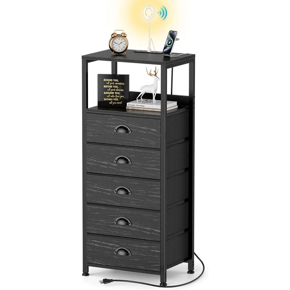 

Voice-Controlled LED Light Nightstand with Charging Station, USB/Type-C Ports, Tamper-Resistant Outlets, and Open Shelving for B