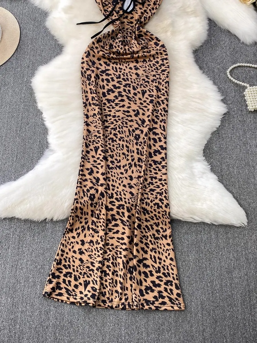 Foamlina فتاة مثير انقطاع التعادل ليوبارد الخامس الرقبة فستان بكتافة المرأة الصيف جديد ليوبارد طباعة عالية الخصر Bodycon فستان ماكسي