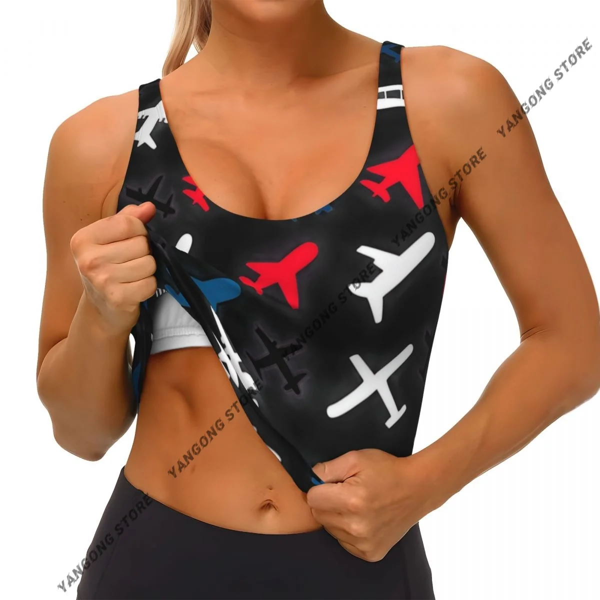 Yoga Vest Women Gym Sports Crop Tops Airport Planes Pattern Streetwear Workout Breathable Tank Top Female
