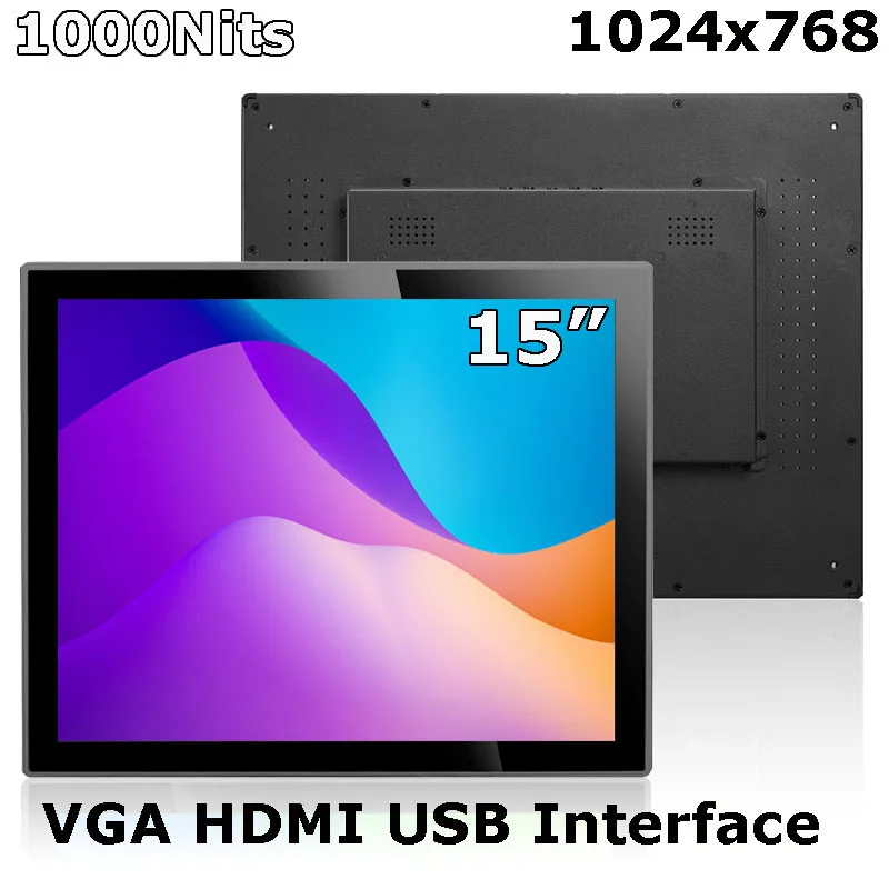 Flat Surface 15 Inch Waterproof 1000 Nits Industrial Outdoor Use Sunlight Readable PCAP Touch Screen Monitor With VGA HDMI USB