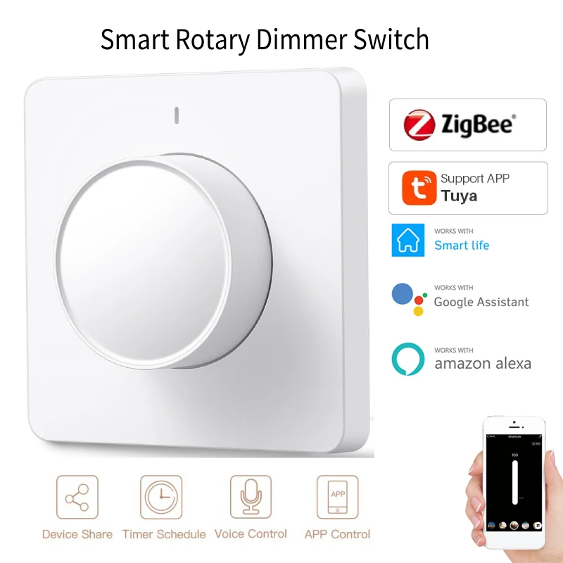 Tuya Smart Home ZigBee Smart Rotary Light Dimmer Switch Brightness Memory Lamp Wall Switch Voice Control Works with Alexa Google