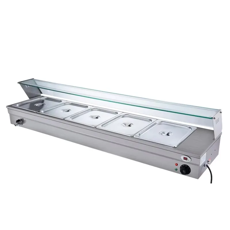 Roestvrij staal Hoge kwaliteit voedselverwarming Bain Marie glazen elektrische voedselverwarmer vitrinekast