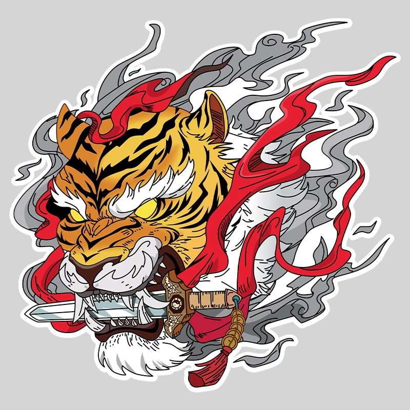 JDM Tiger Bite Knife Samurai Car Stickers Decor Window Body Rear Windshield Fuel Tank Cap Motorcycle Scooter Electric Car Decals