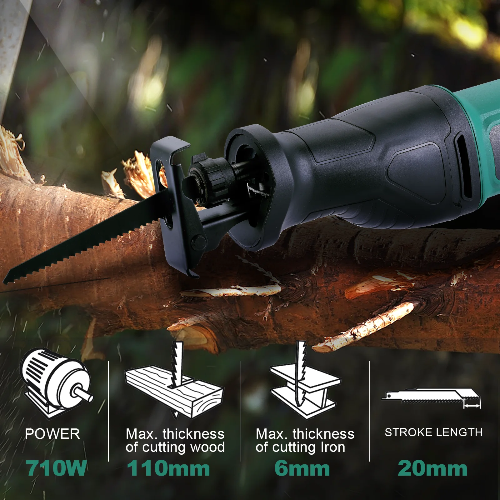 Piła szablasta elektryczna 710W, piła szablasta z regulacją prędkości, uchwyt obrotowy 180 stopni, zestaw 2 brzeszczotów do drewna/żelaza