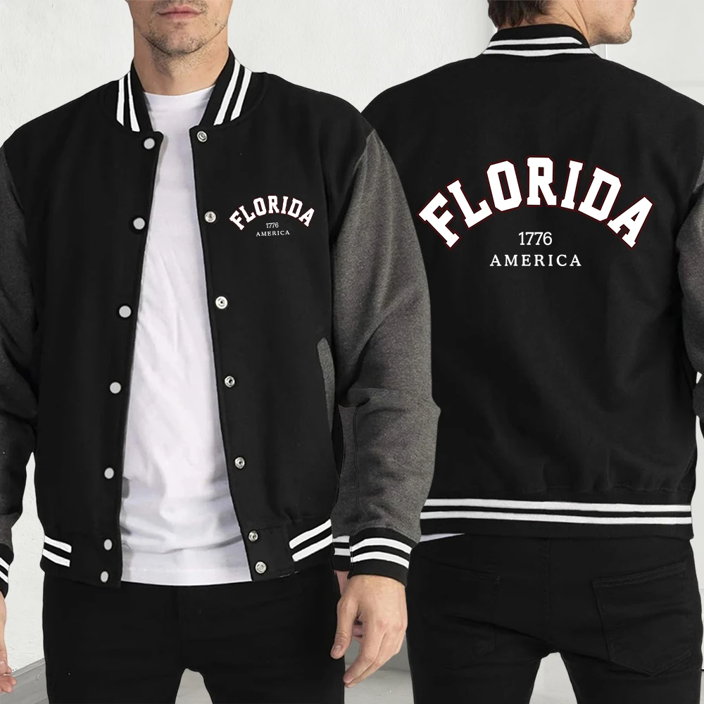

Florida 1776 America Printing Coat For Men Fleece Baseball Jackets Autumn Loose Jacket Unisex Casual All-Match Streetwear
